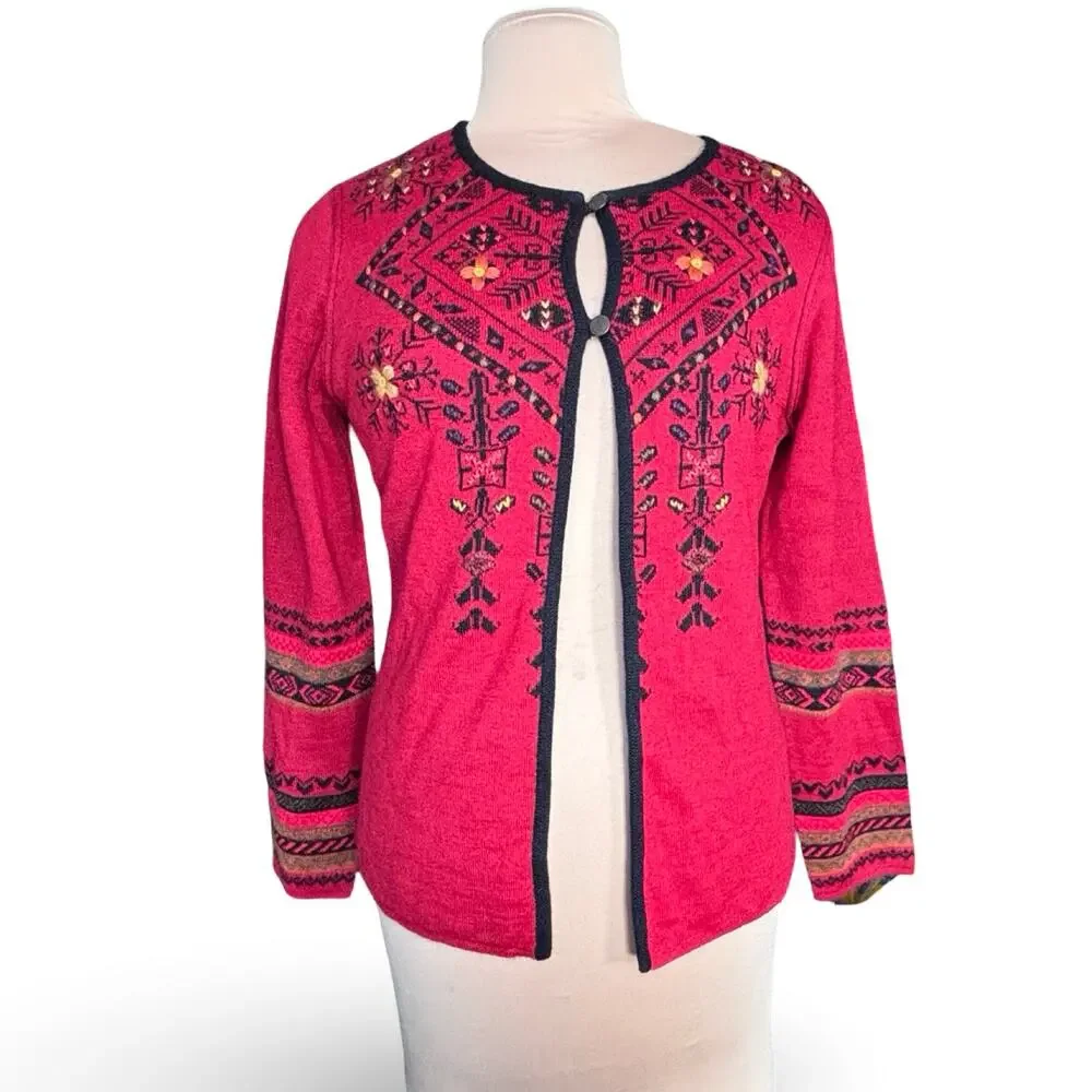 Tey Art Hand Made Peru Alpaca Blend Embroidered Knit Cardigan Bright Cherry Red‎